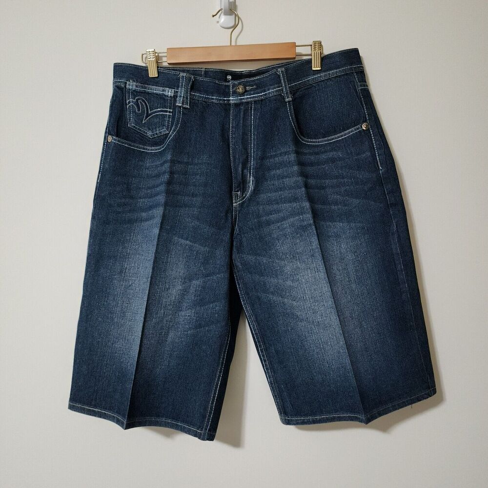 Mecca Mens Jean Shorts Y2K Size 38 Blue Cotton Blend Denim Embroidered